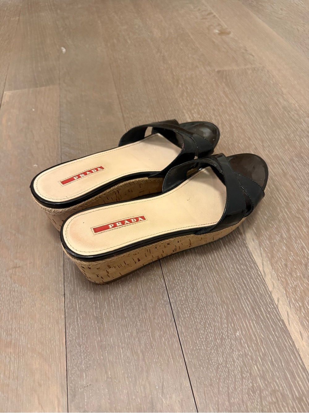 Prada Black Leather Cork Wedge Slides
